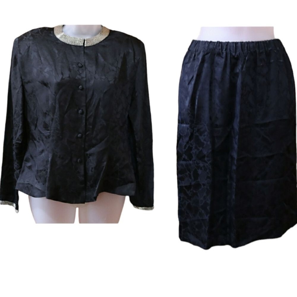Carolyne Barton Vintage Silk Floral Print & Rhinestone Collar Skirt Suit 6